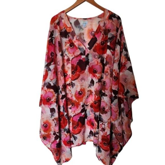Swim 365 Poncho Floral Swim Cover Up‎ Plus size 24 Shark Bite Hem - Picture 1 of 11